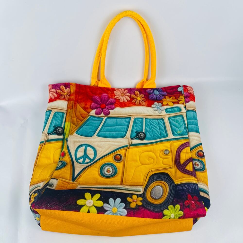 Hippie VW Bus Canvas Tote Bag Yellow Handle Zip Top